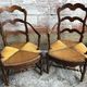 Pair Old Armchair Needle Wood Carved & Seat Paillé + Vintage Fabric Cover