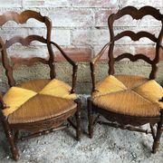 Pair Old Armchair Needle Wood Carved & Seat Paillé + Vintage Fabric Cover