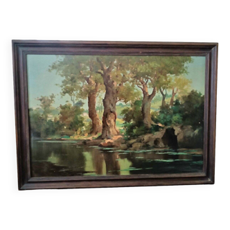 Large woodland landscape painting, oil on canvas, early 1900s