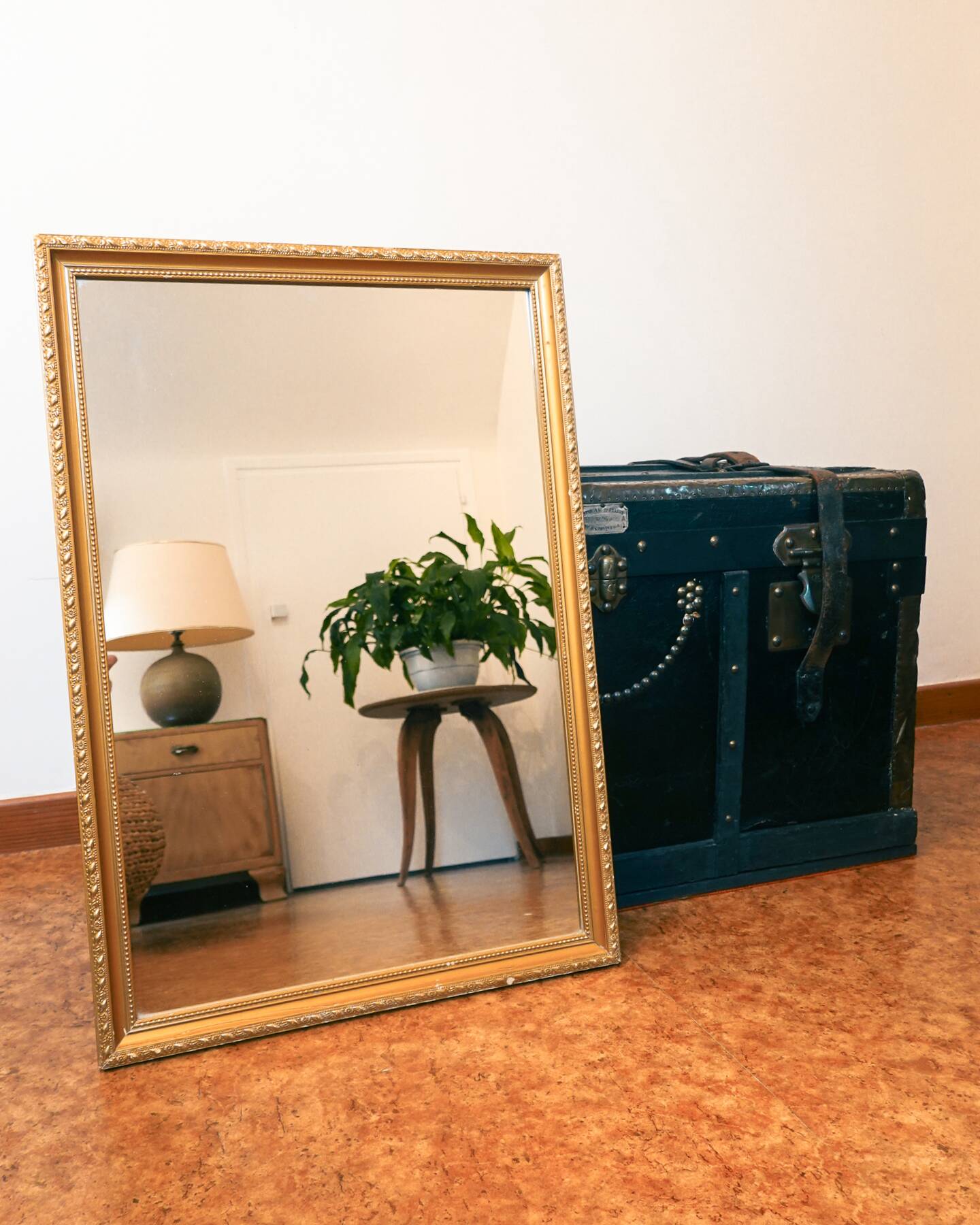 Vintage rectangular gilt mirror, molded wooden frame with beads and fire
