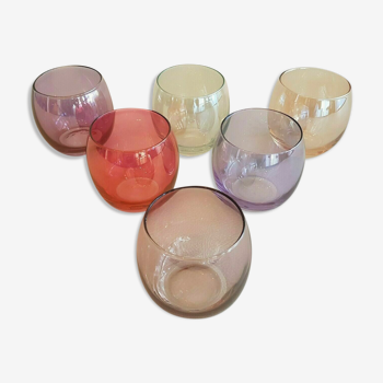 service 6 multicolored glasses iridescent blown glass opalescent vintage