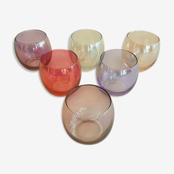 Service 6 verres multicolores verre soufflé irisé opalescent vintage