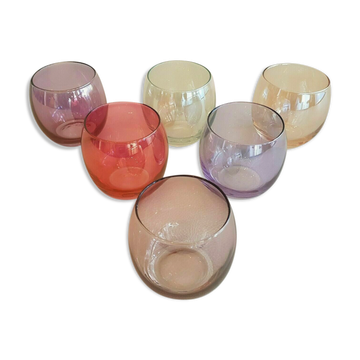 Service 6 verres multicolores verre soufflé irisé opalescent vintage