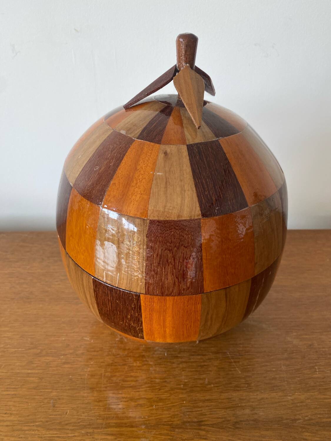 Antique Coconut Ice Bucket Wood Marquetry 1950s Vintage