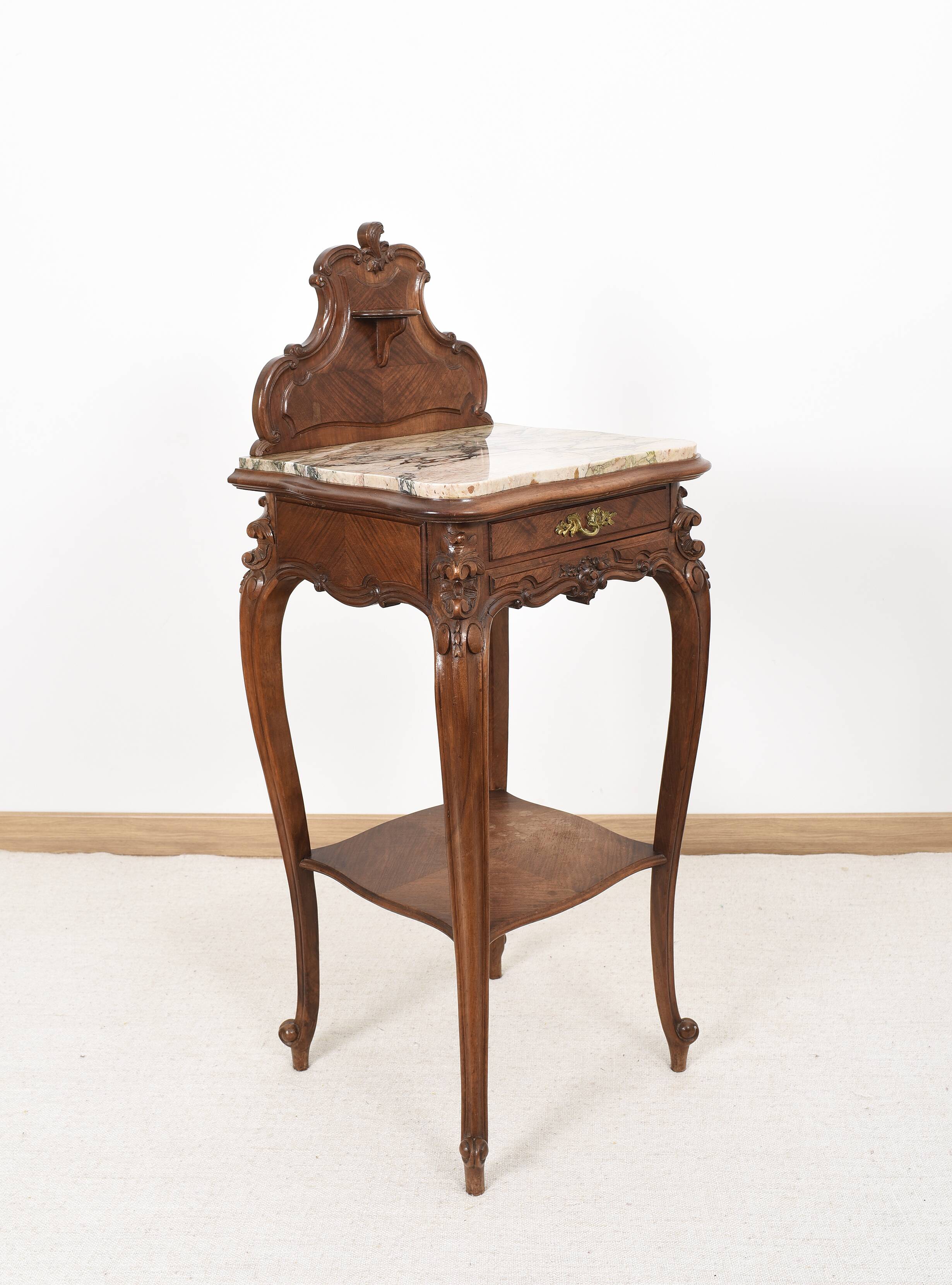 Pedestal table, old bedside table, Louis XV style, in wood and marble