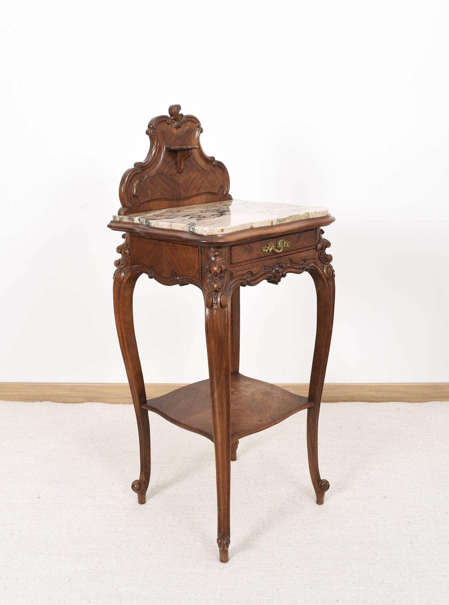 Pedestal table, old bedside table, Louis XV style, in wood and marble