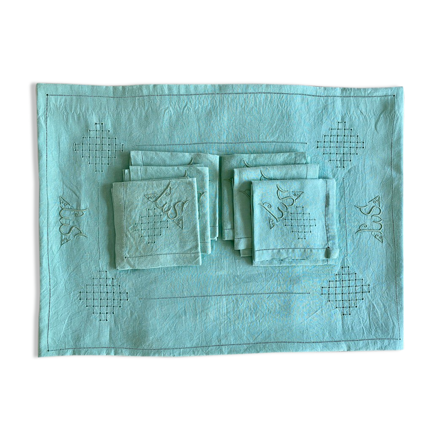 Old tablecloth and its 8 embroidered napkins "la malabar LS" - green - 150x170 cm - linen thread