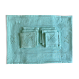 Old tablecloth and its 8 embroidered napkins "la malabar LS" - green - 150x170 cm - linen thread