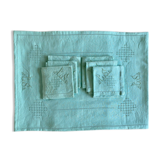 Old tablecloth and its 8 embroidered napkins "la malabar LS" - green - 150x170 cm - linen thread