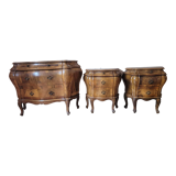 Chest of drawers and 2 20th century Italian rococo style bedside tables in rosewood