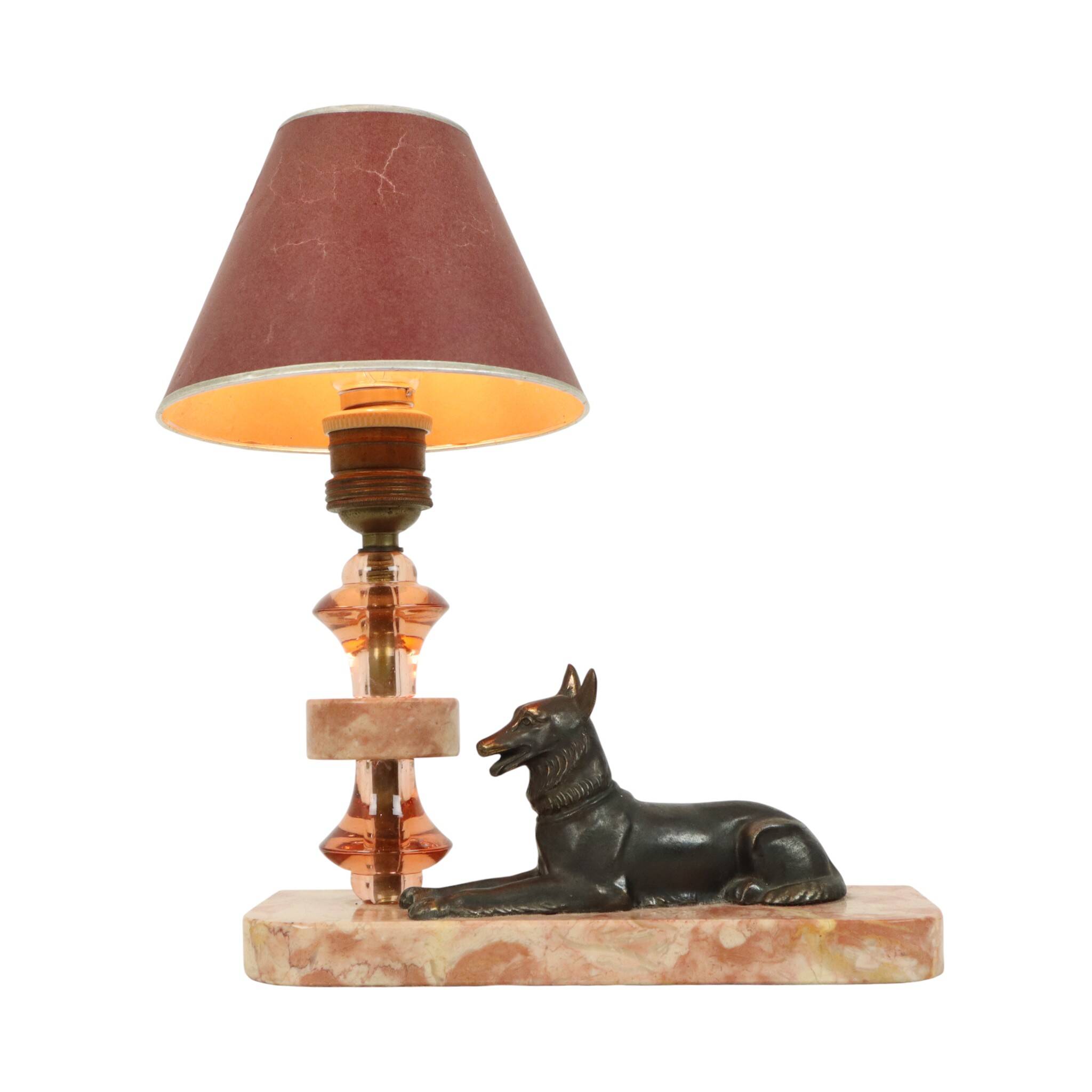 French Art Deco Table Lamp Pink Marble Glass Shepherd Dog