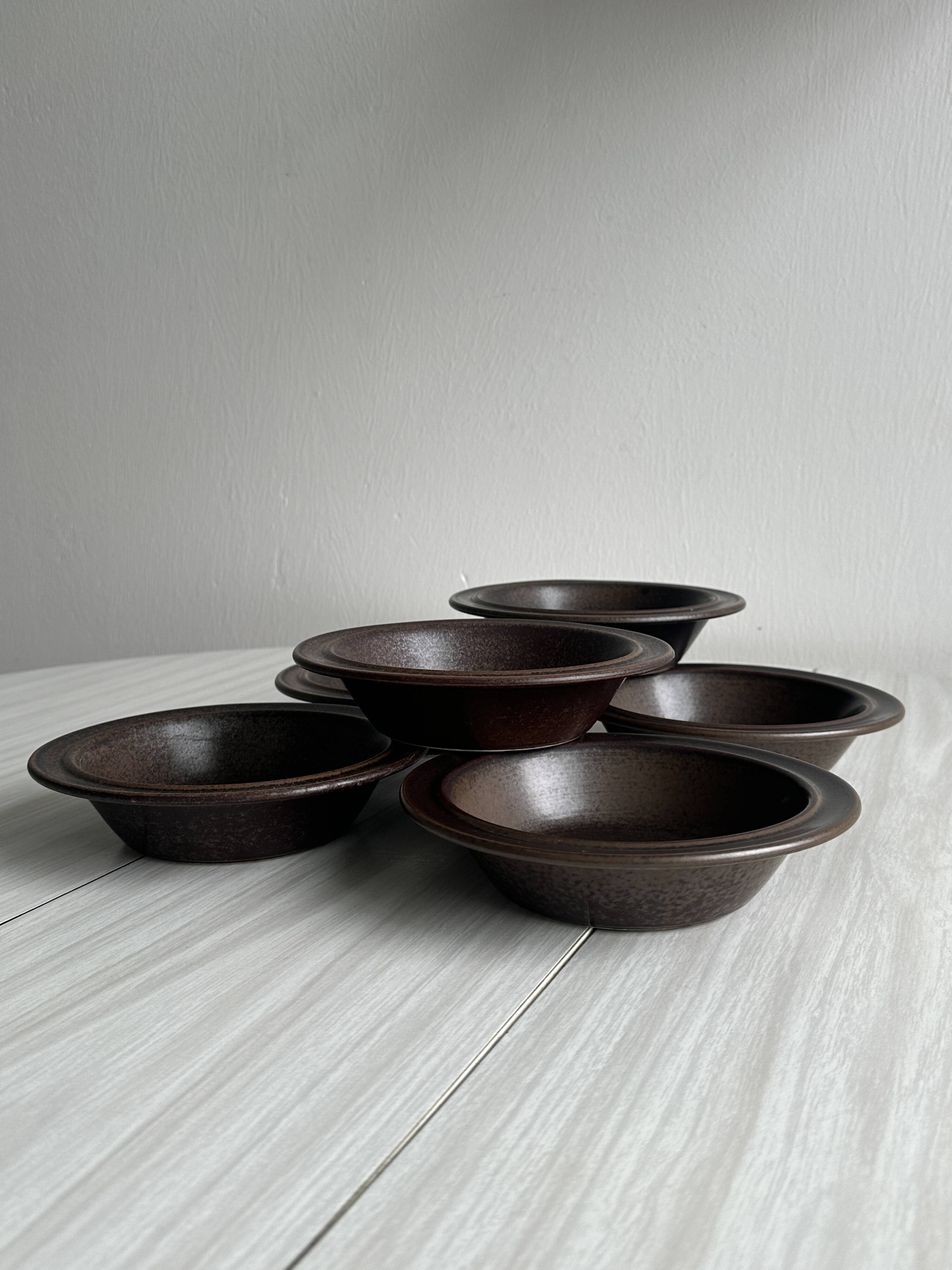 Set of 6 dark brown glazed stoneware bowls
