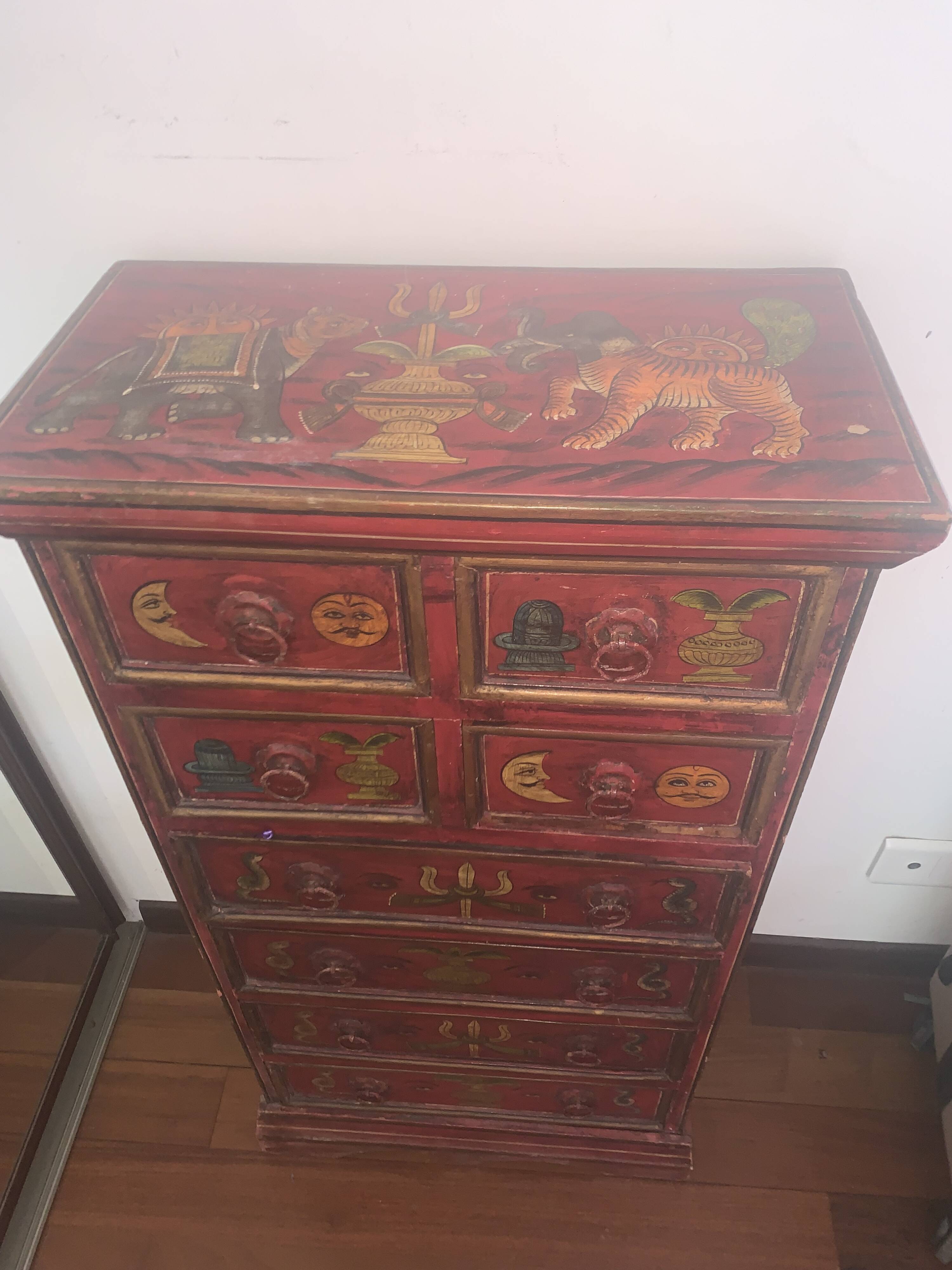 Small antique Indian piece of furniture hand-painted – tallboy / chest of drawers with 10 drawers.
