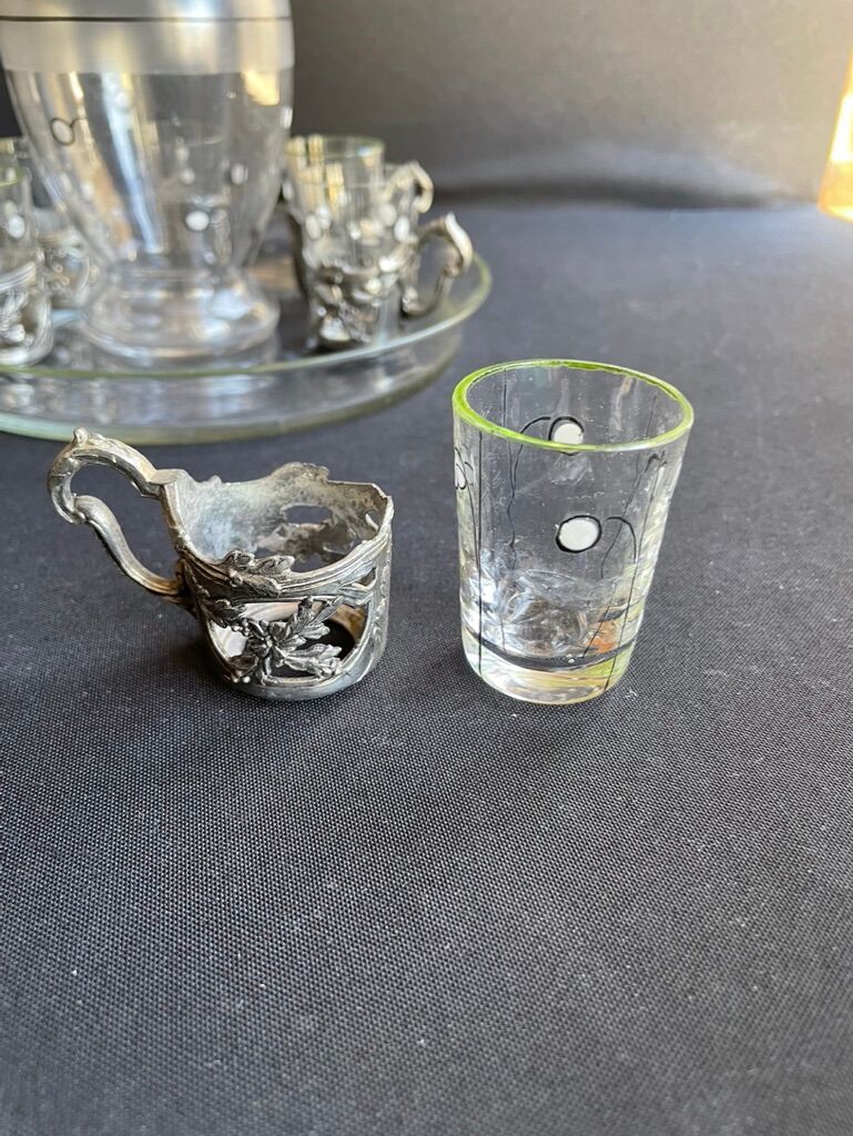 Liquor service Art Nouveau 1/2 Enamelled colored crystal with silver metal frame