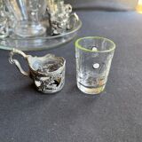 Liquor service Art Nouveau 1/2 Enamelled colored crystal with silver metal frame