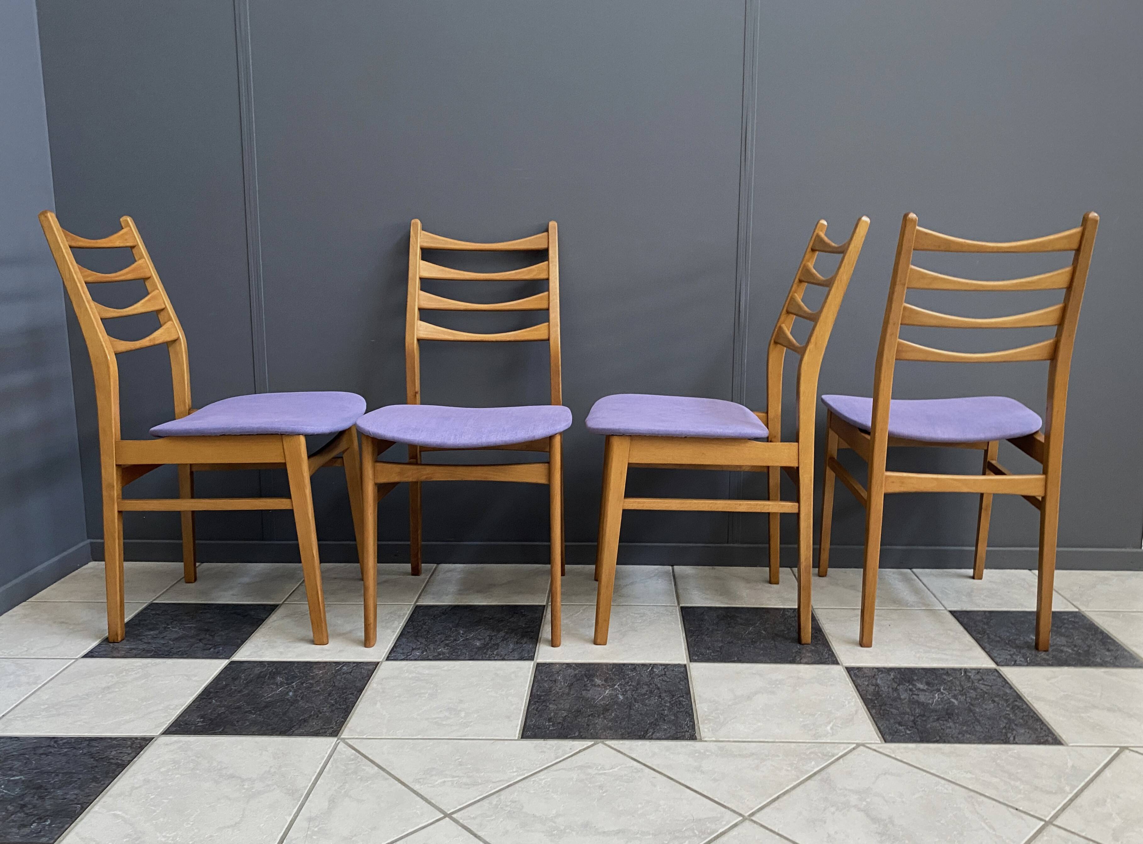 set of 6 kitchen chairs, wood and purple upholstery 1960s