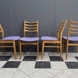 set of 6 kitchen chairs, wood and purple upholstery 1960s