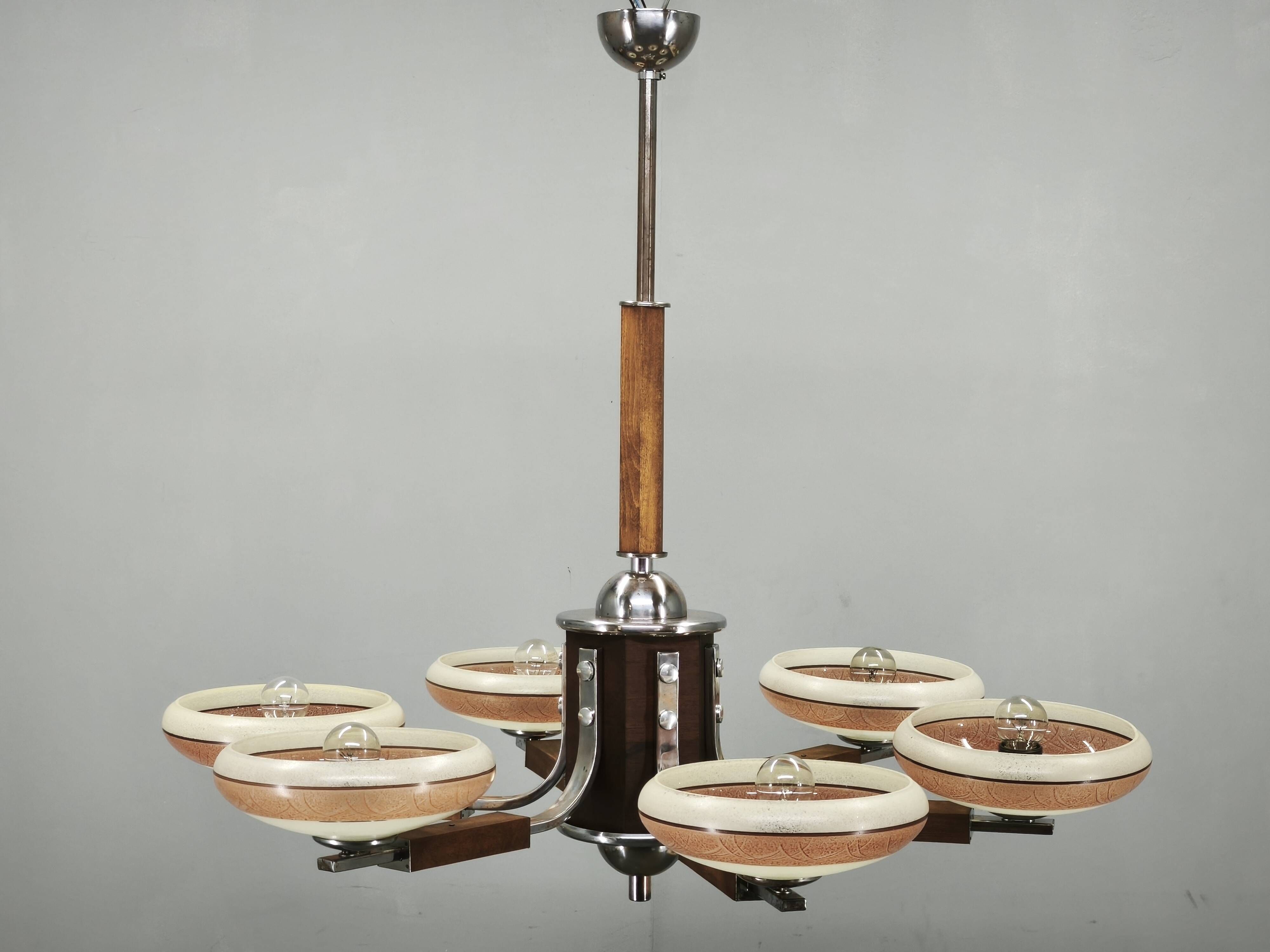 Large Art Deco Chrome, Wood and Glass Six-Light Chandelier, 1930s