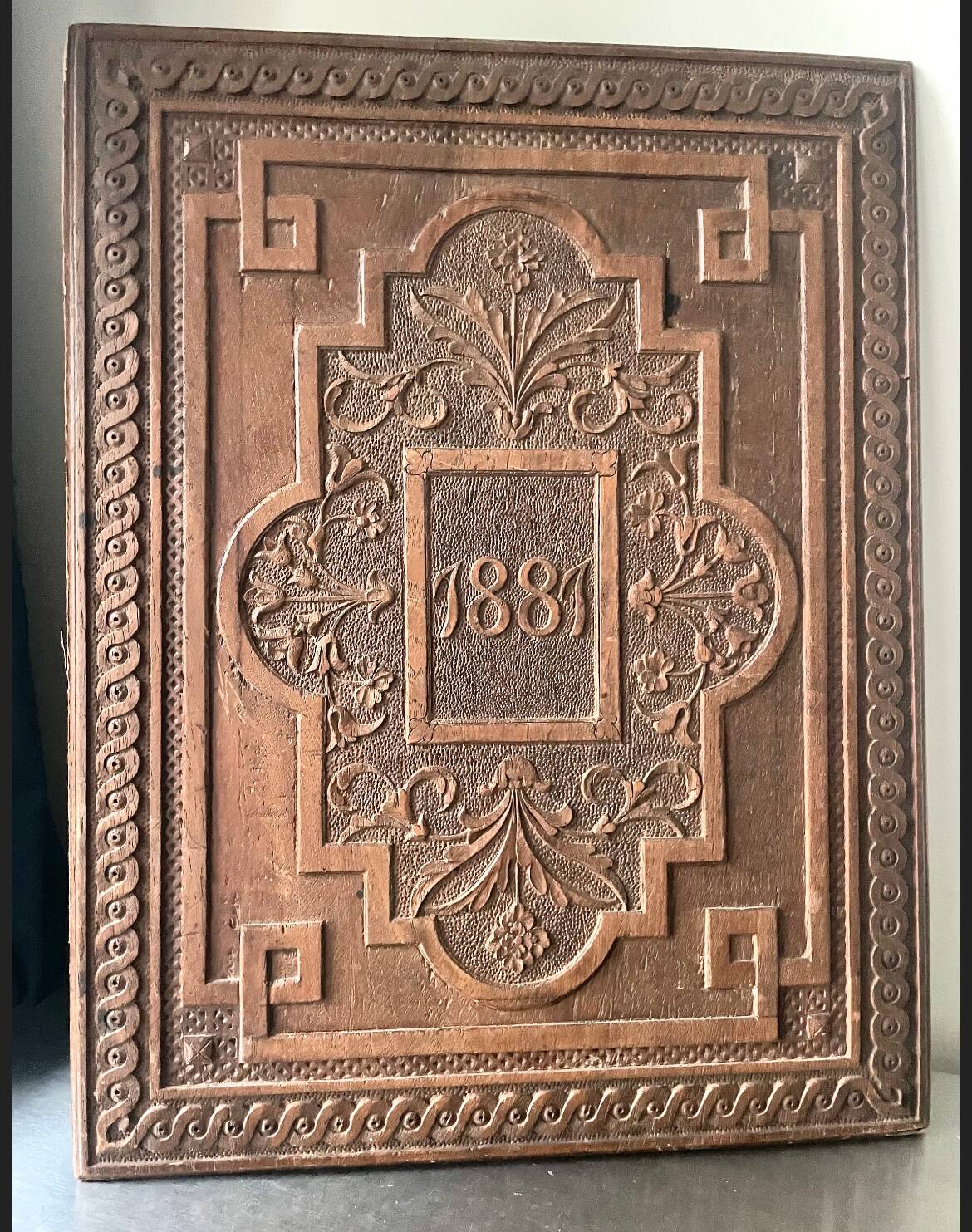 Antique  1881 Carved on solid wood Panel  Relief
