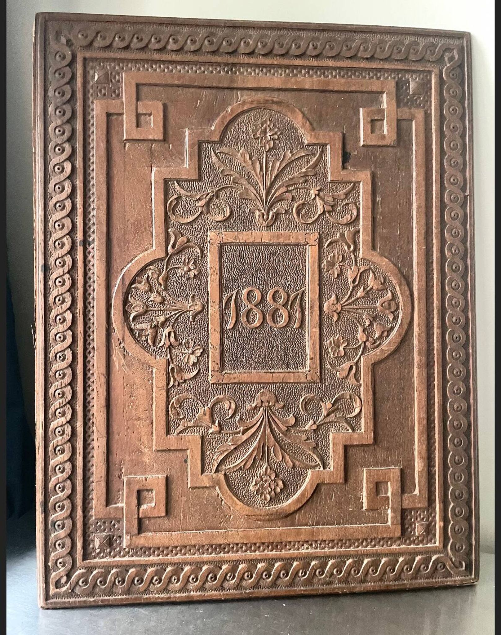 Antique  1881 Carved on solid wood Panel  Relief