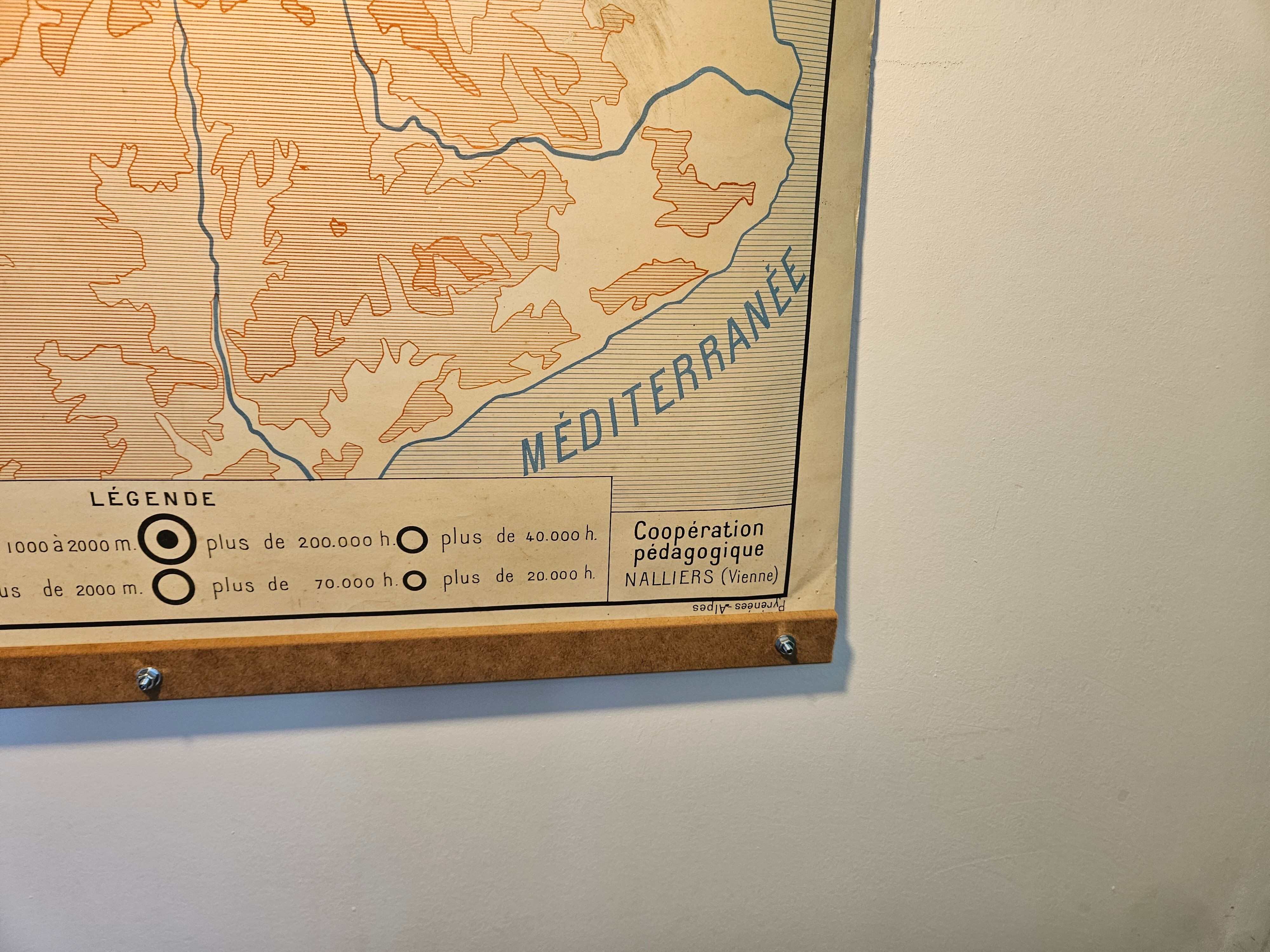 Old school map of geography 1960 Pyrenees and the Alps