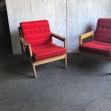 Set of mid-century red upholstered armchairs, 1960s Danish style.