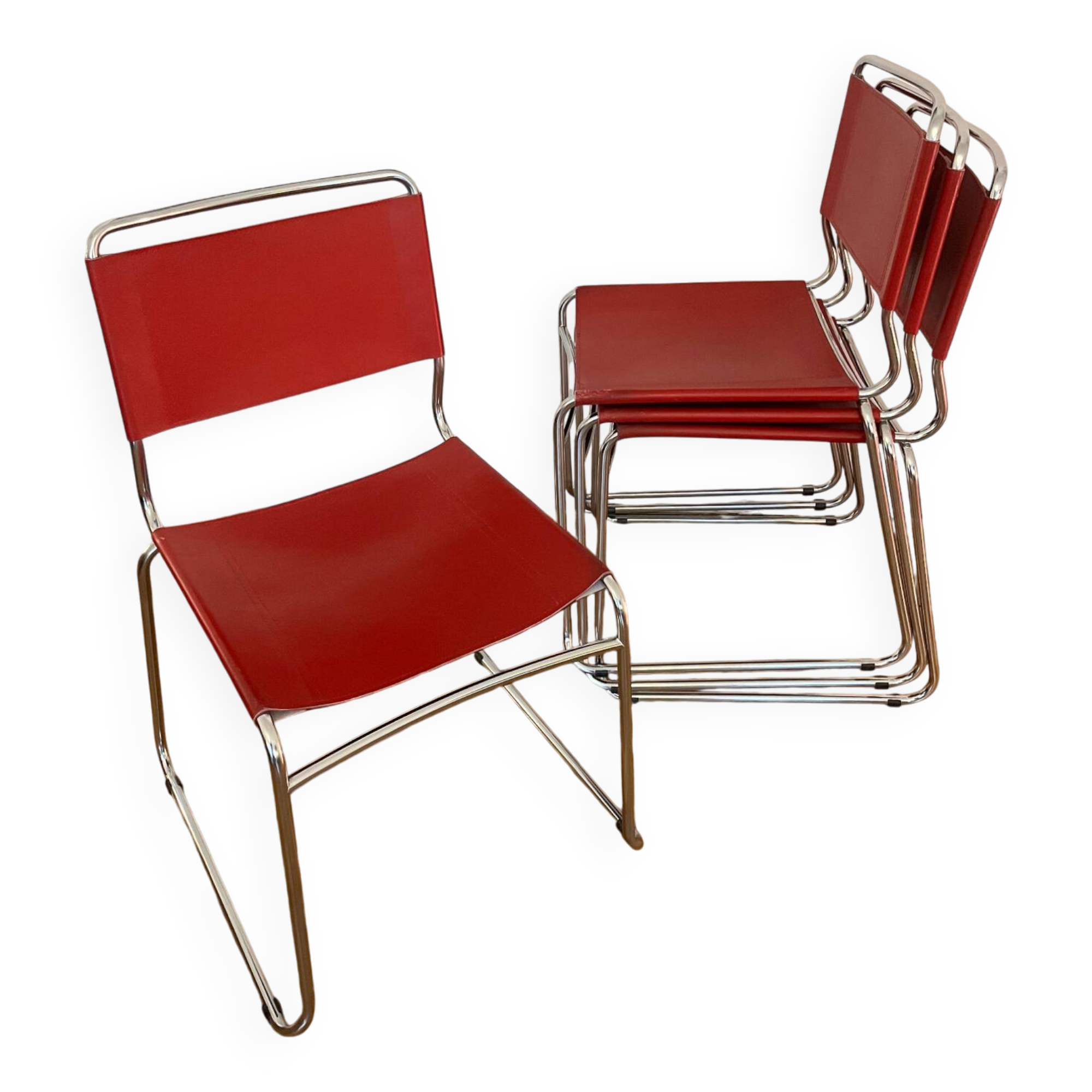 Set of 4 chairs in red leather and chrome tubular metal
