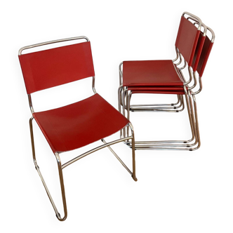 Set of 4 chairs in red leather and chrome tubular metal