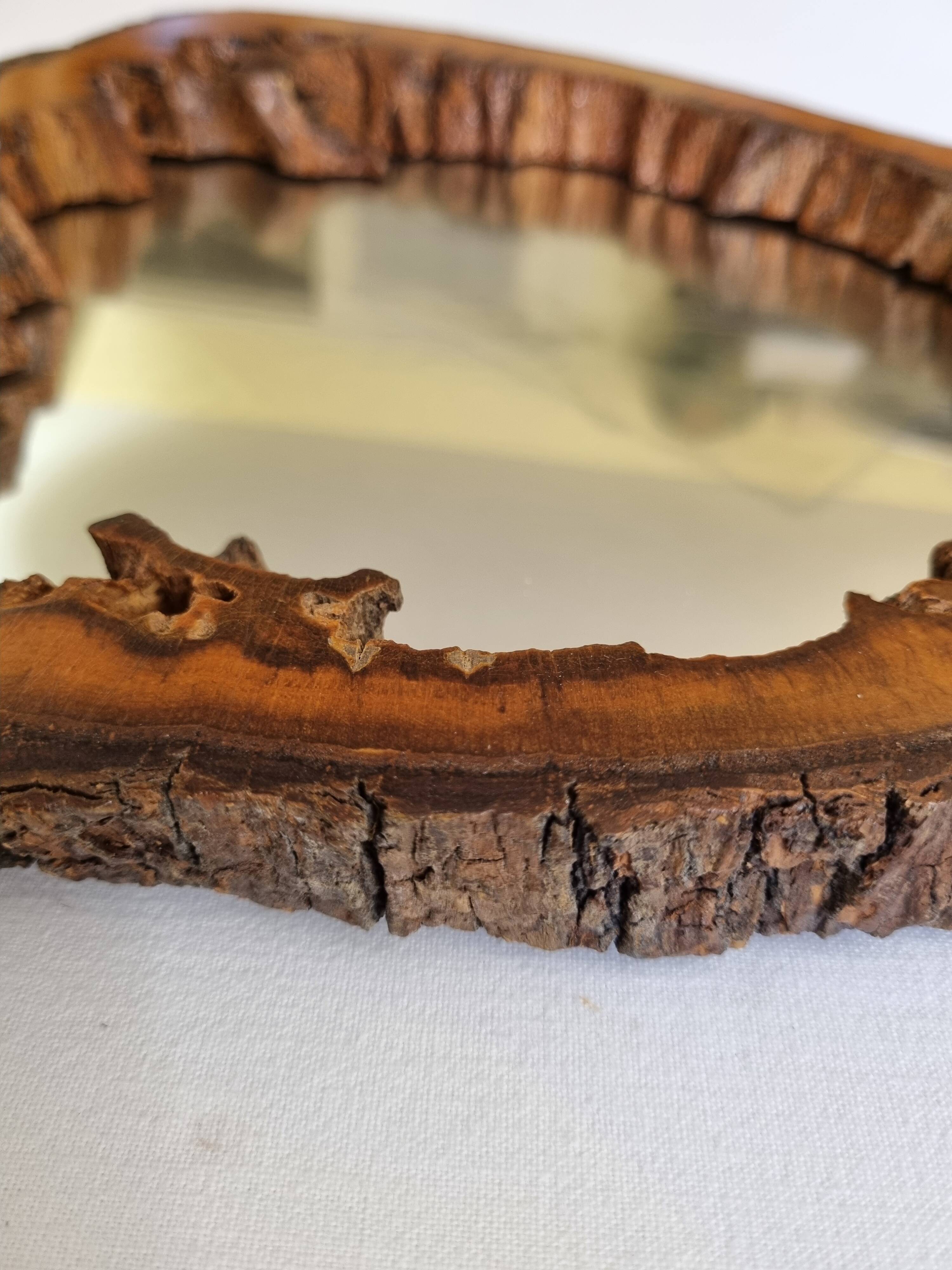 Vintage mirror with live edges in burl wood, signed, 1970s, 36 cm