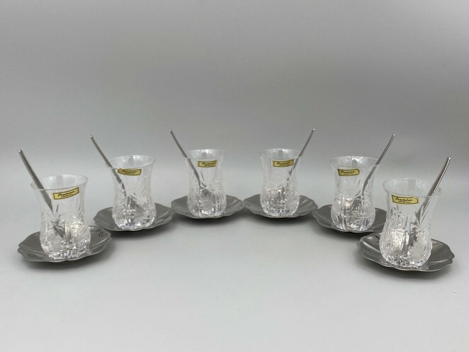 6 GLASSES A THE TURKISH CRISTAL PASBACHE UNDER CUP SPOONFULS JUMBO STAINLESS STEEL 18/8