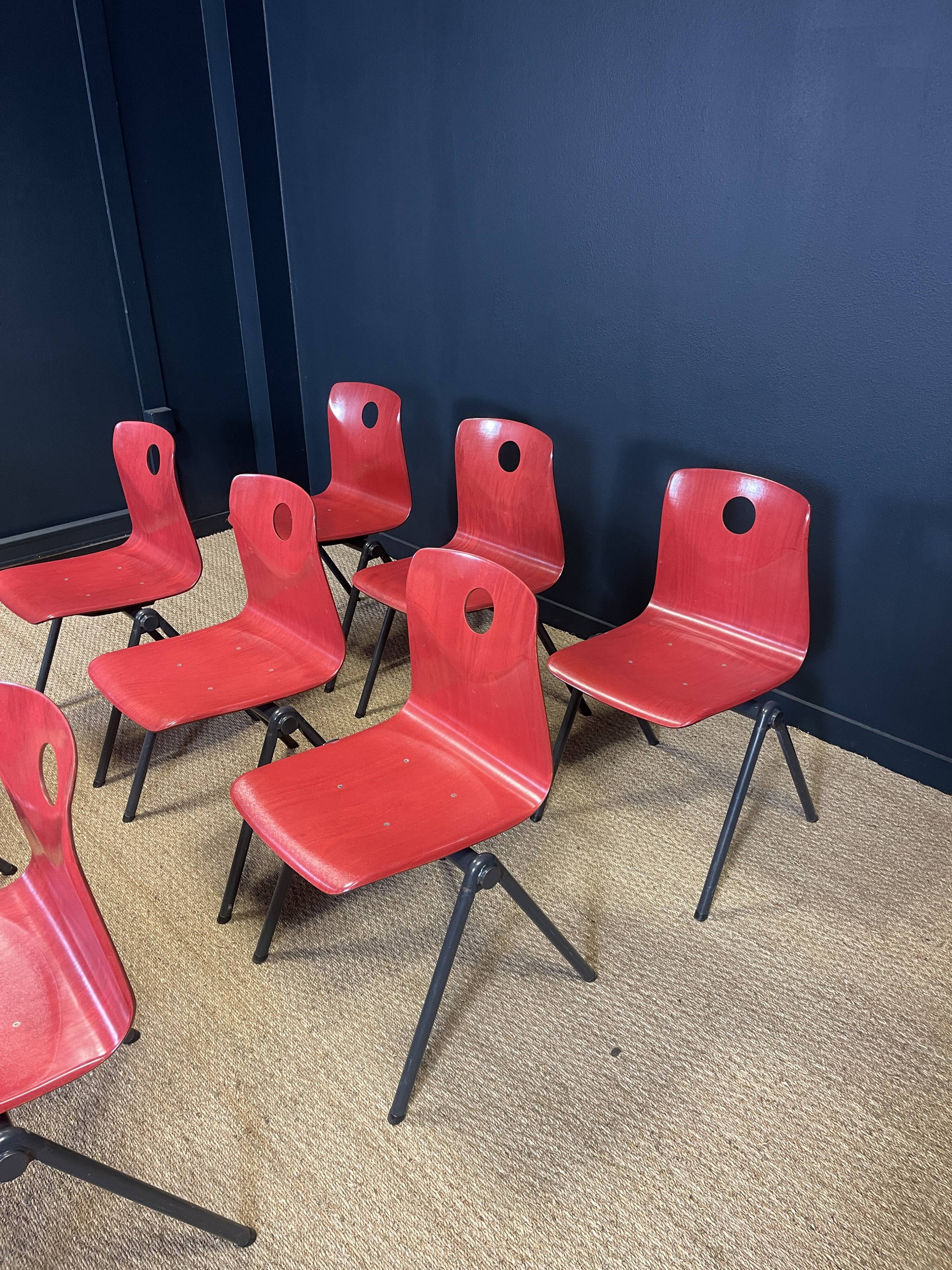 Set of 12 Galvanitas S30 raspberry red and grey steel chairs from the 70s