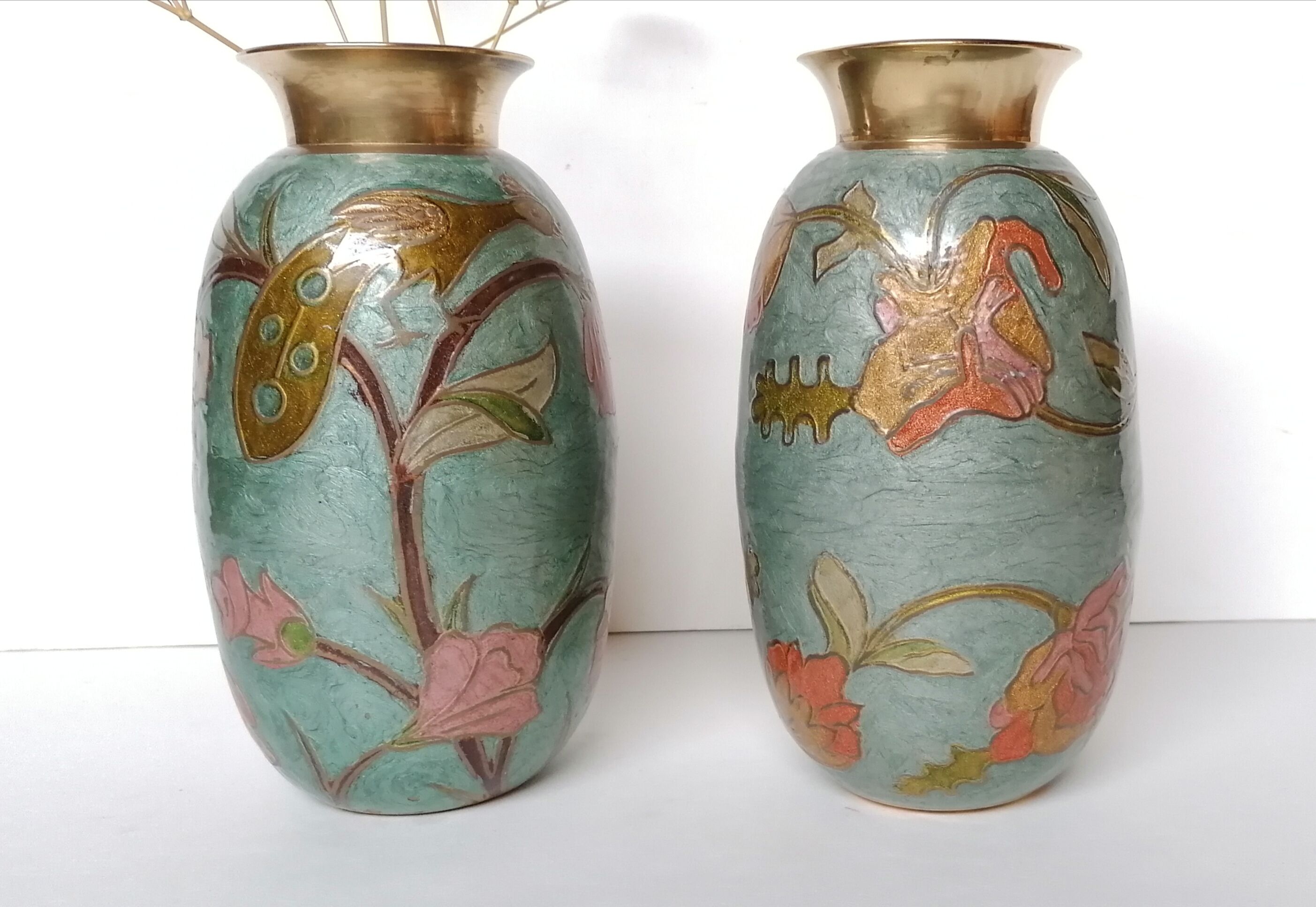 Pair of enamelled brass vases