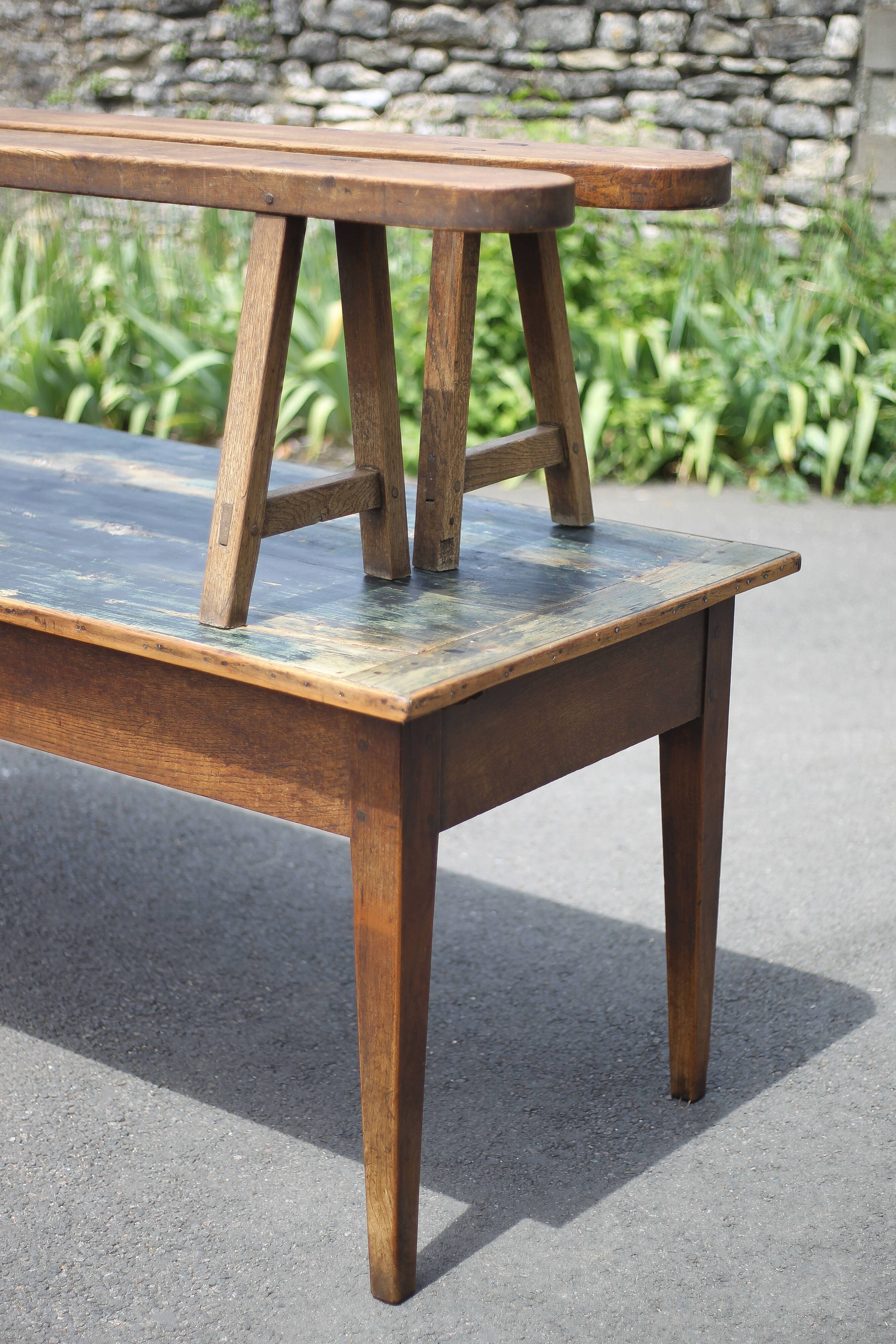 Farmhouse table and its 2 benches, living room table, wooden table with pair of wooden benches