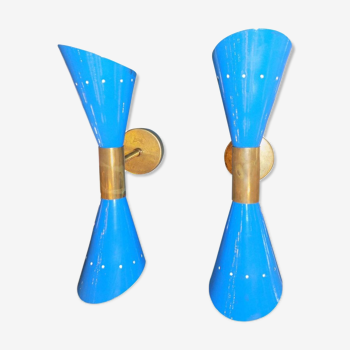 Paire d'appliques diabolo bleu en laiton design italien