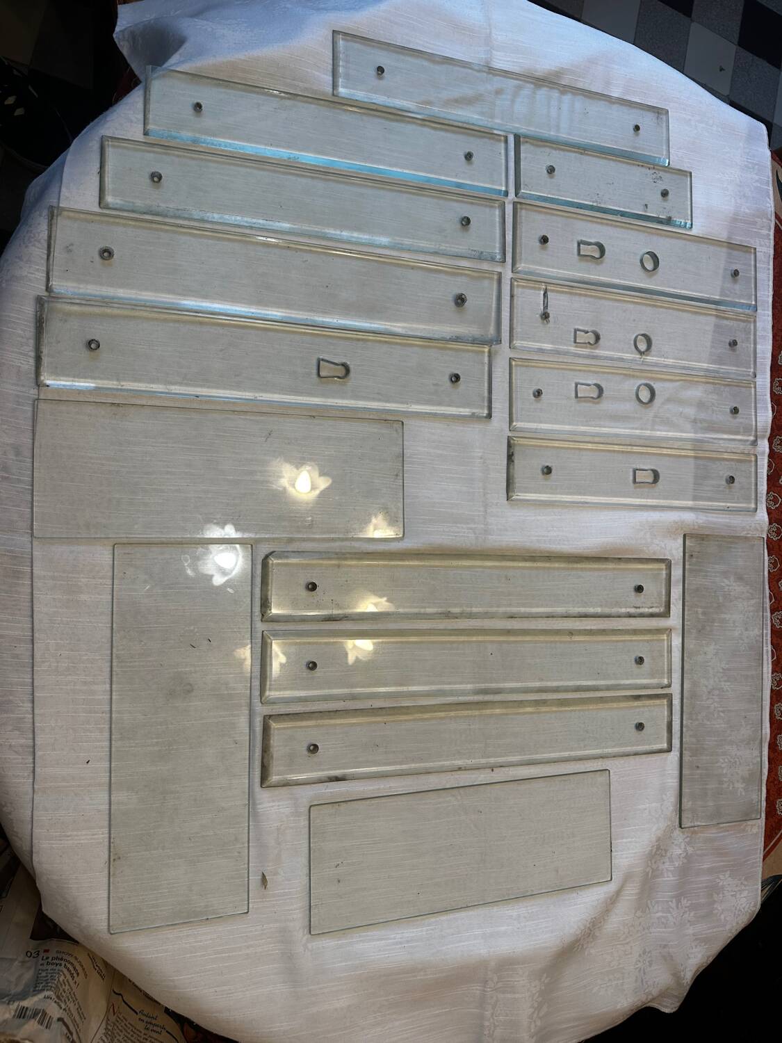 11 bevelled glass cleanliness plaques + 4 Art Deco glass plaques