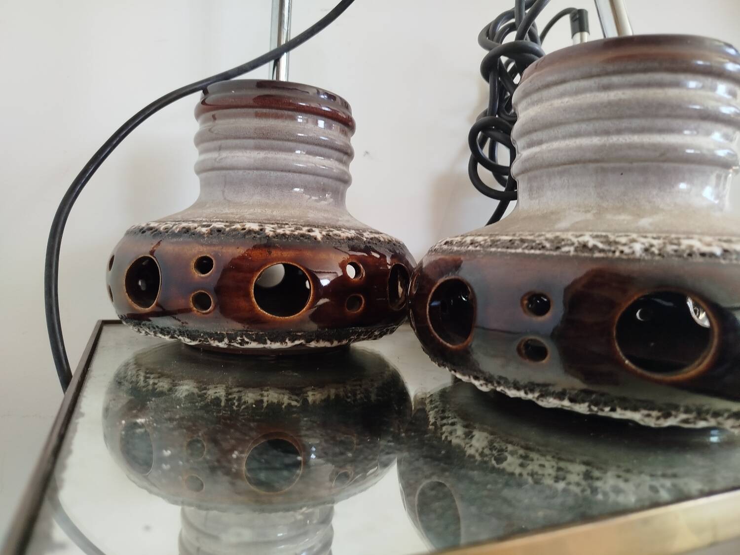 Trio of ceramic pendant lights, 1970s