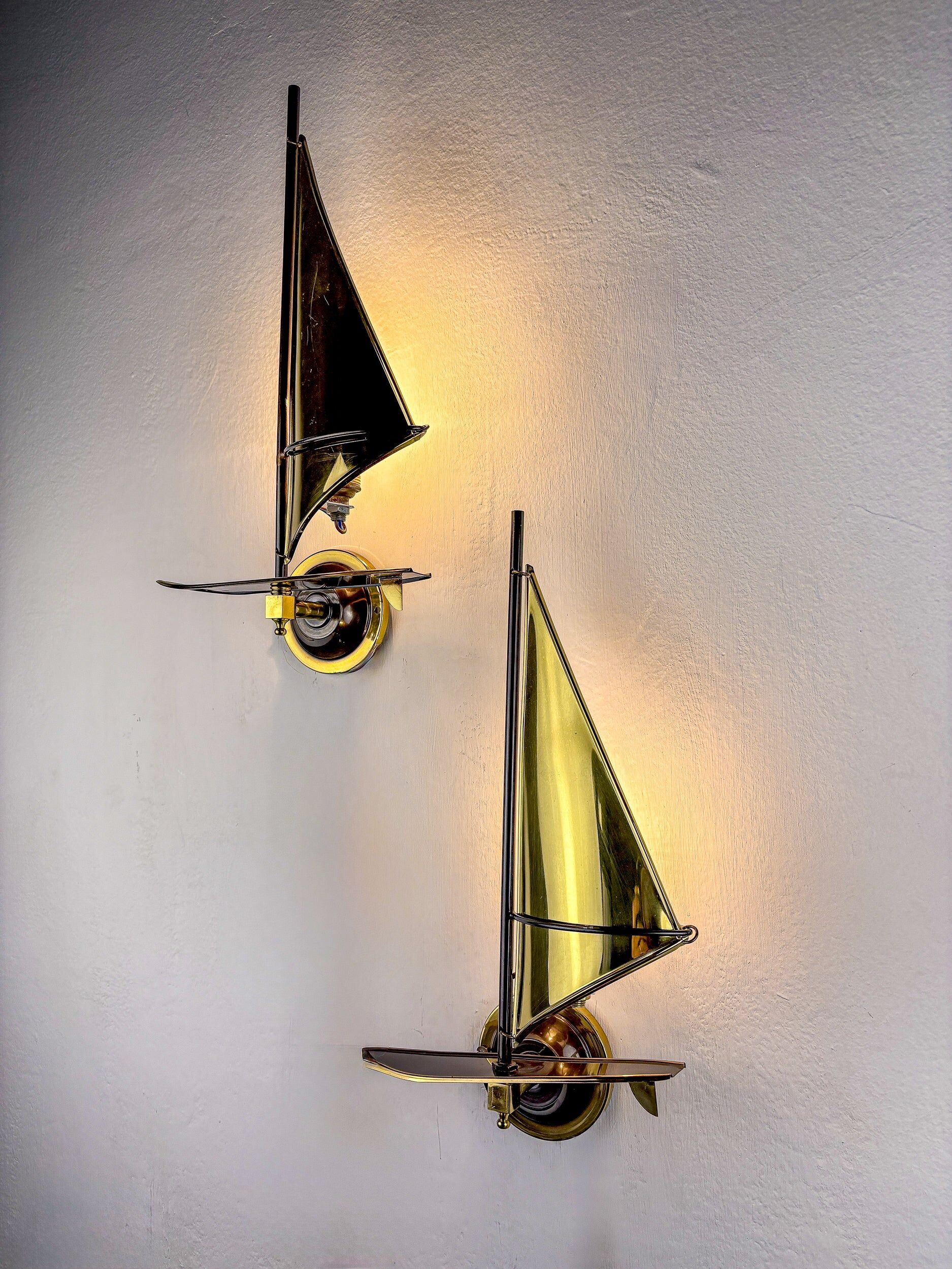 Pair of midcentury brass "sailboats" wall sconces, Italy 1960s