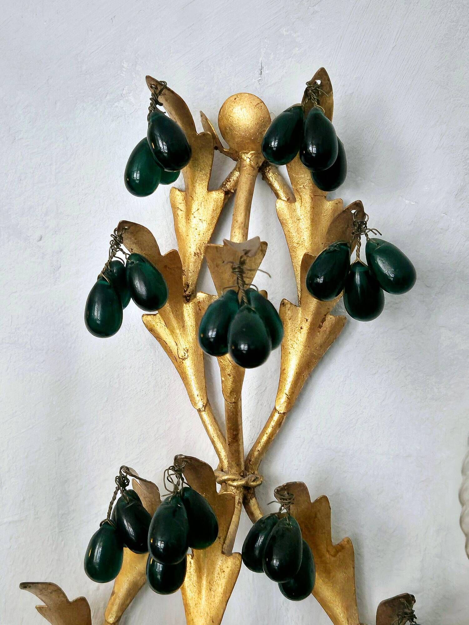 Lights, gold metal with green glass drops, Italy mid-1900s Regency.