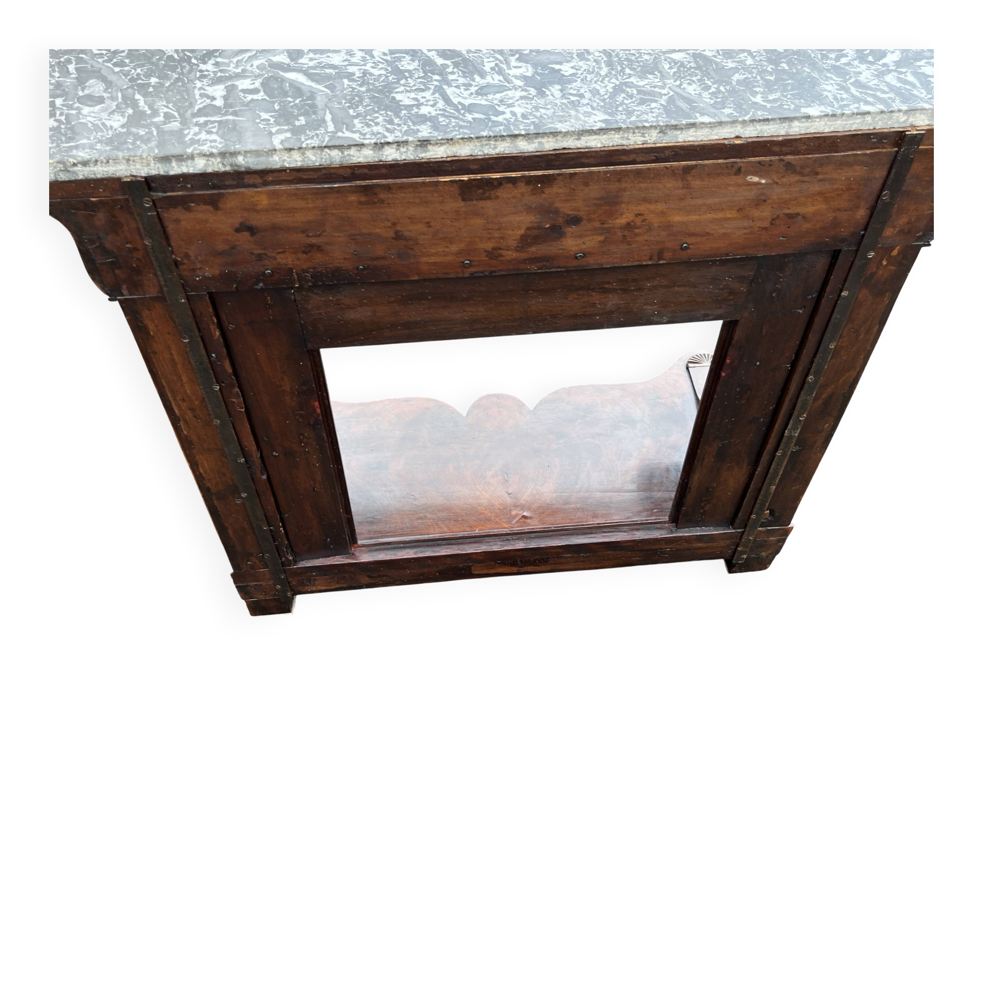 Mahogany console with grey marble top and lion paw feet.
