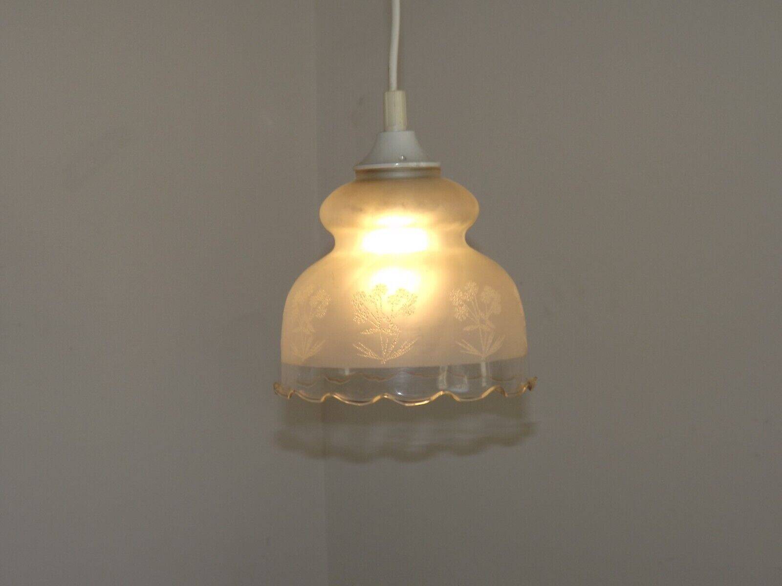 Vintage French pendant ceiling light in white glass decorated with flowers 4722