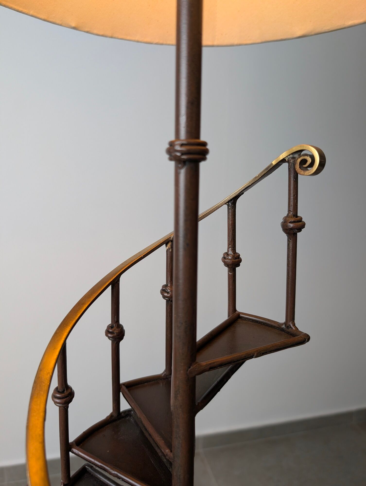 French Floor Lamp with Spiral Staircase, iron and brass, Mid-Century