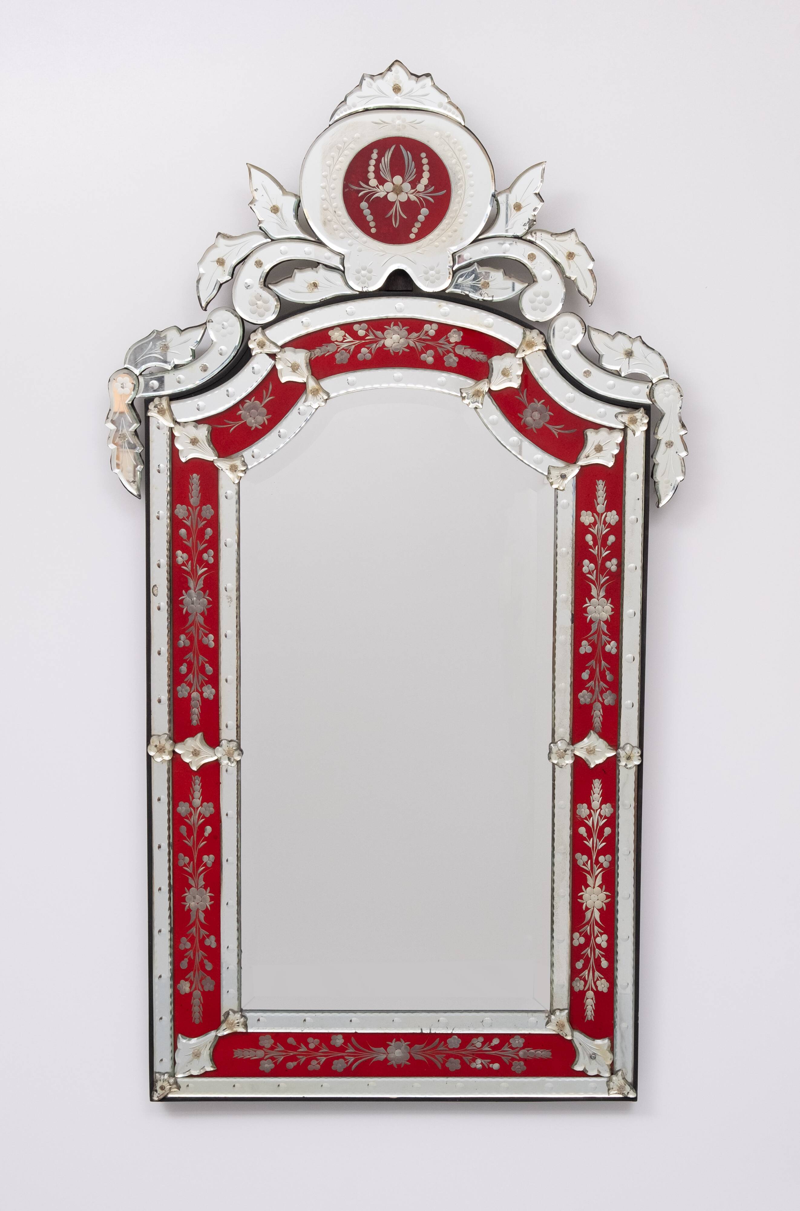 Large Vintage Venetian Red Glass Etched Wall Mirror