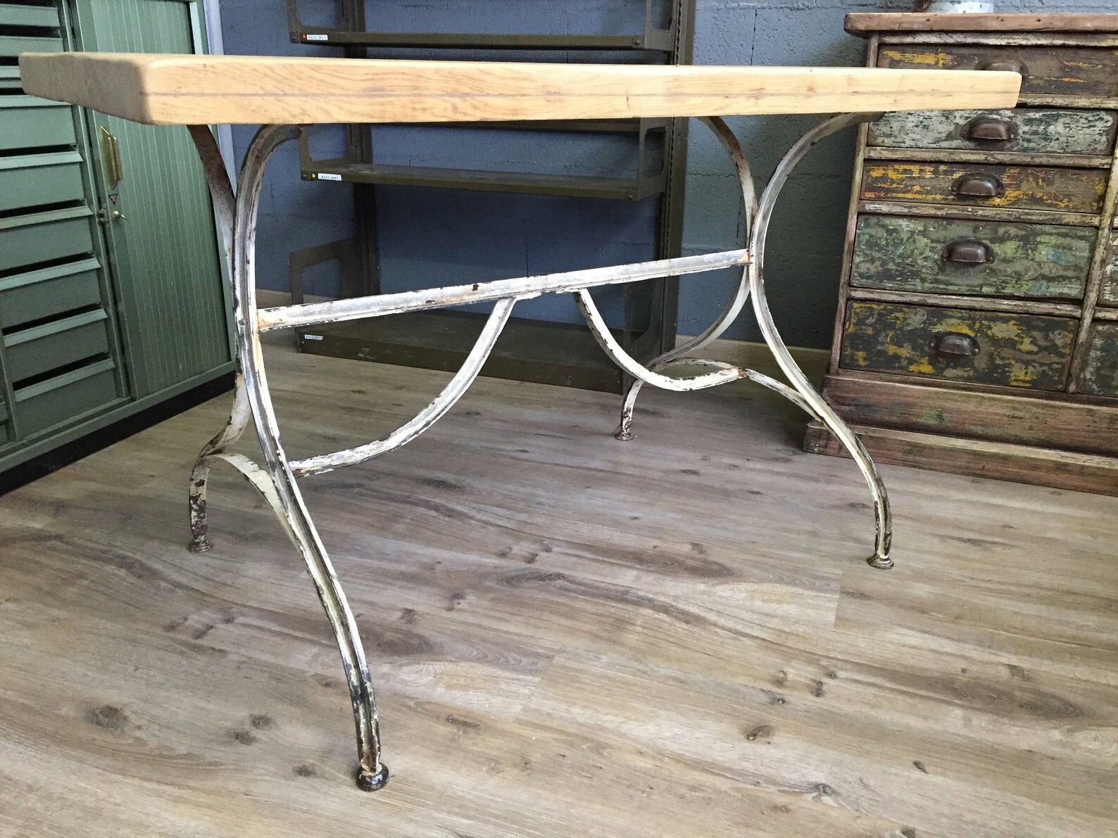 Vintage bistro table in oak and metal