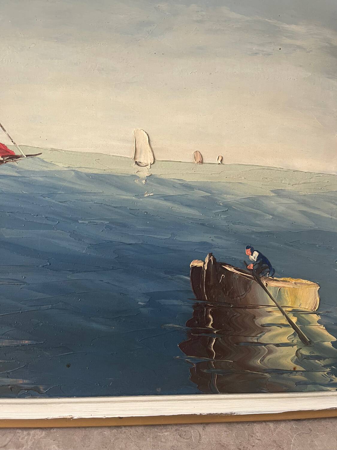 Marine, "Red Sail" technique with knife on panel signed Riccy.
