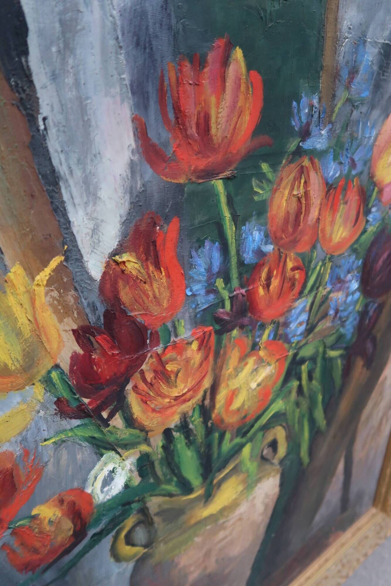 Large old oil painting, Still Life with Tulips, Gilded frame