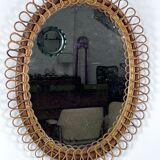 Mid-Century Shelf Console Table with Wall Mirror in rattan and bamboo. Italy 1960s