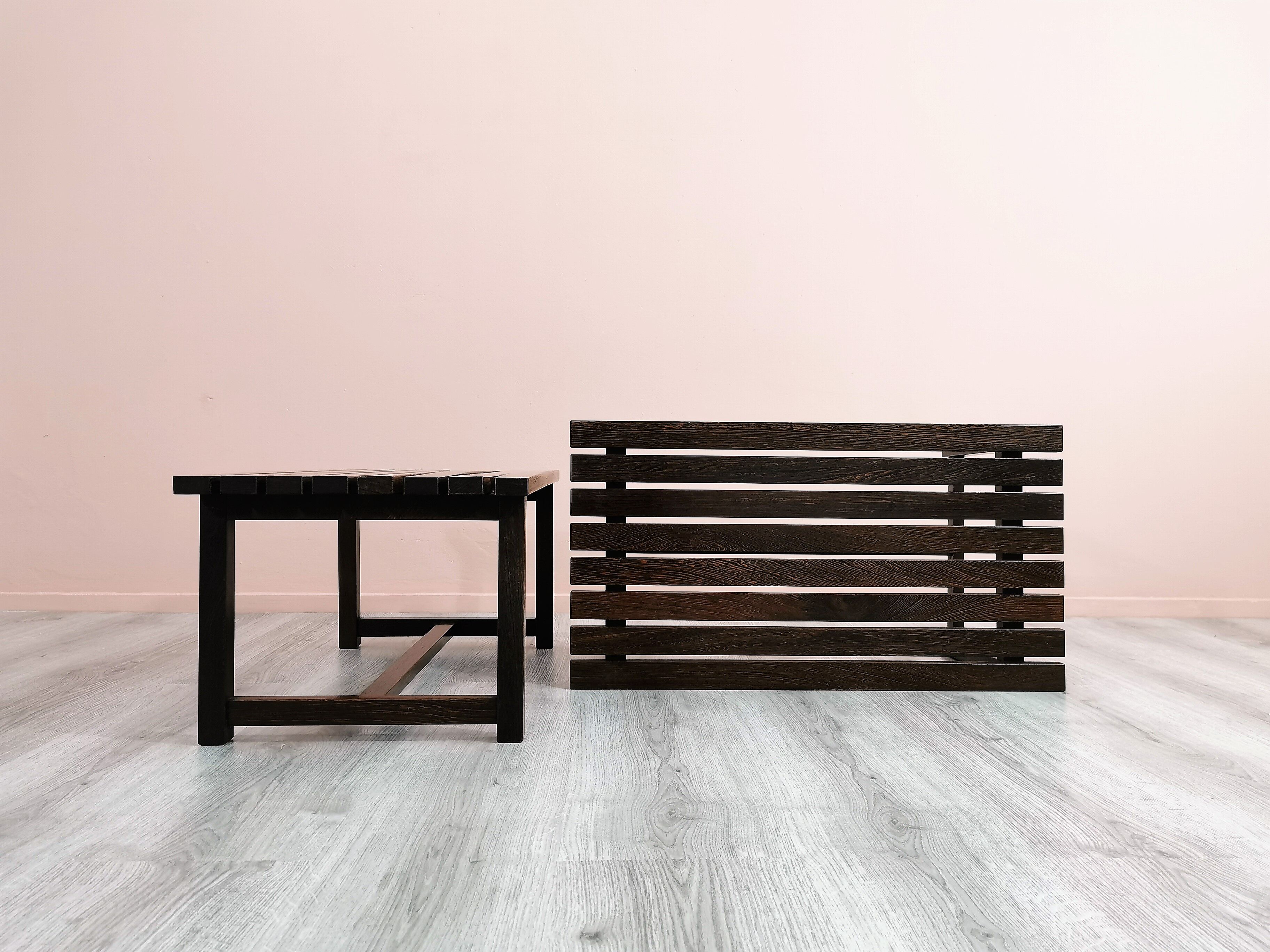 Set of 2 wenge wood slat benches 1970's