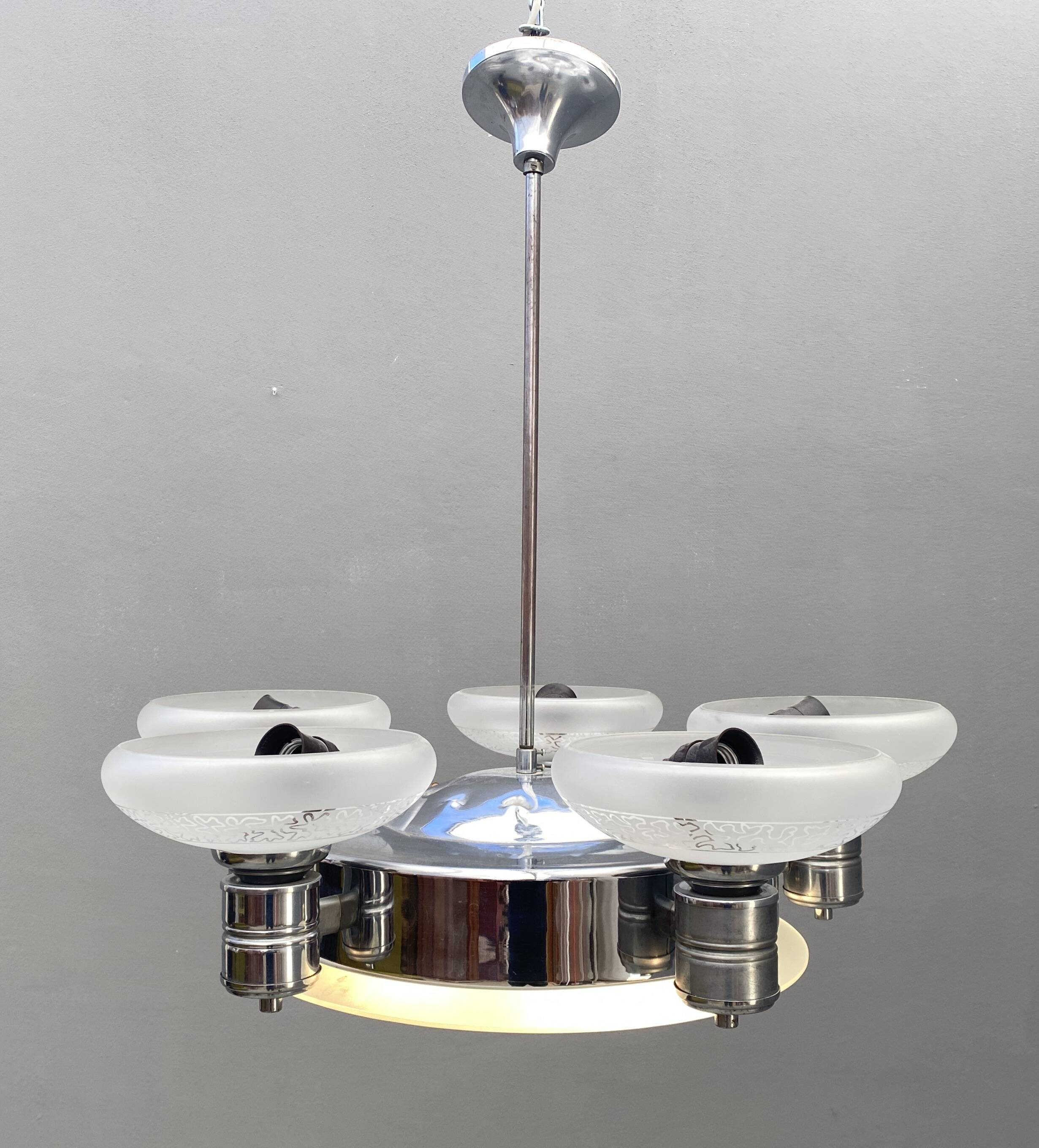Art Deco Chrome Chandelier with Glass Bowl Shades