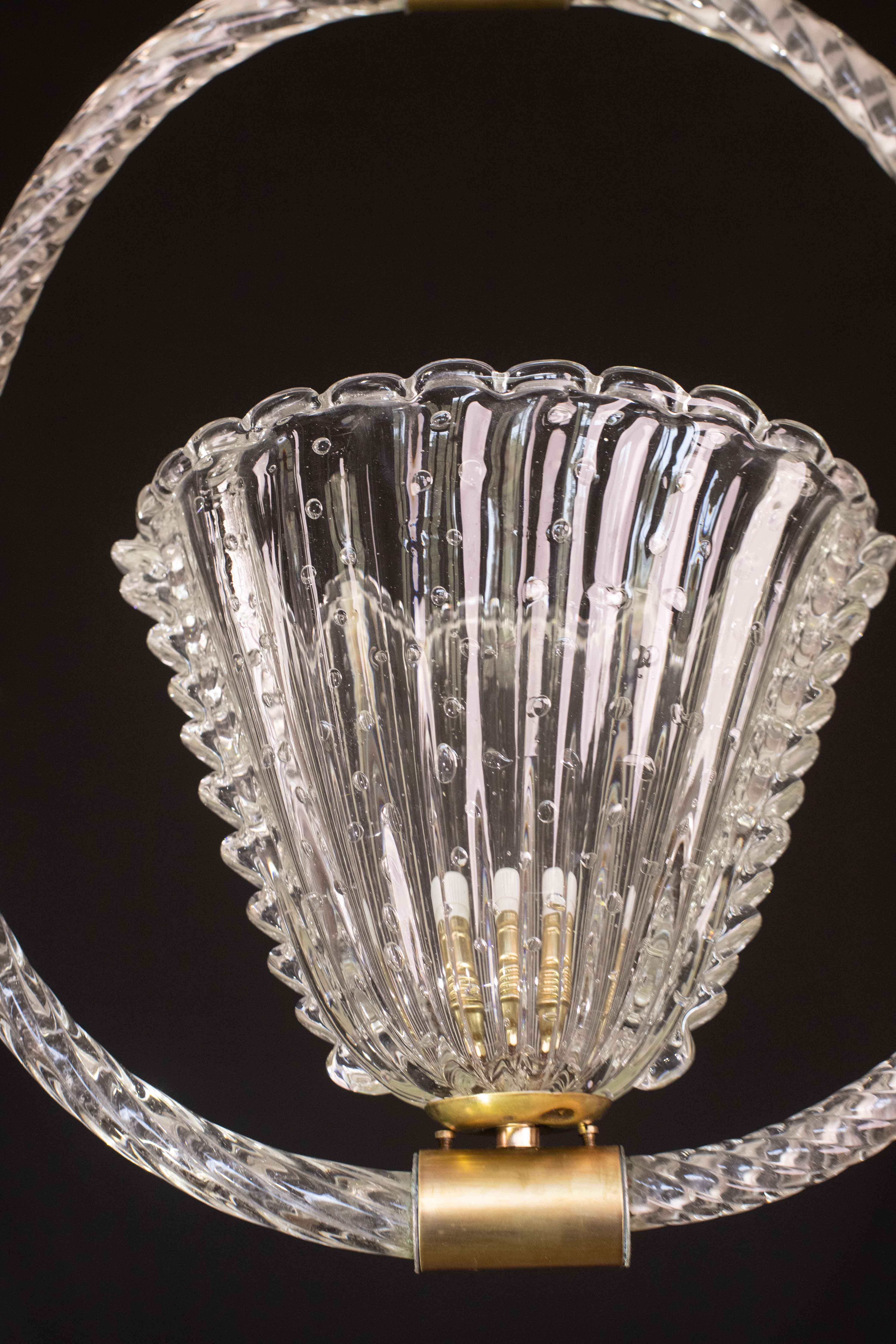 Ercole Barovier Art Deco Chandelier, "Bullicante" Glass Murano, 1940