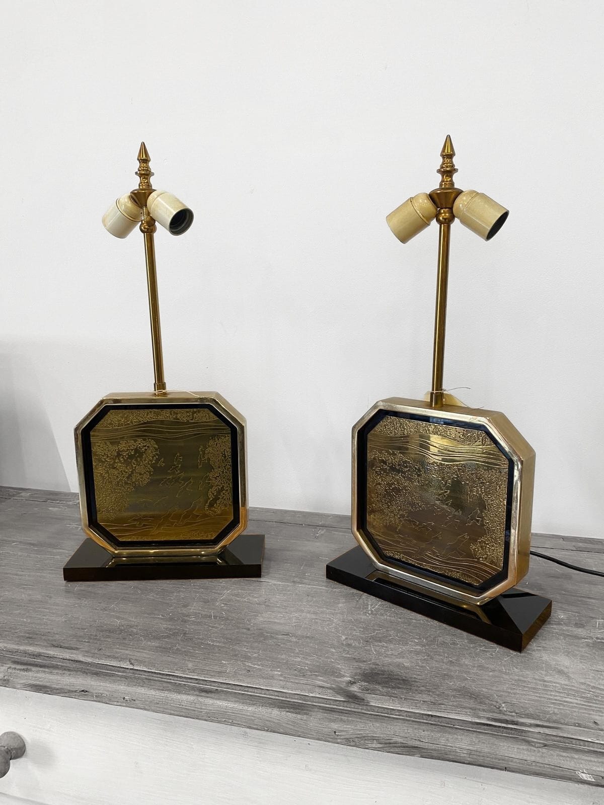 Pair of brass lamps